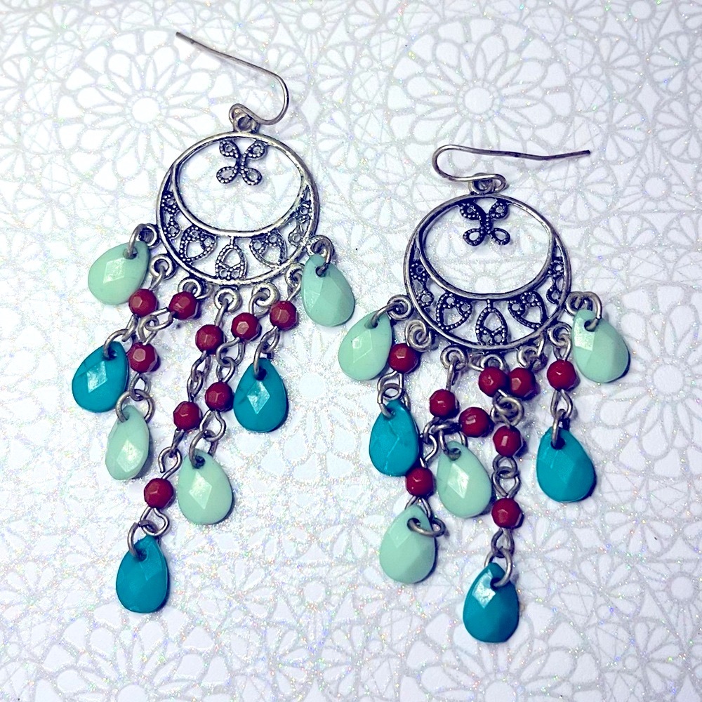 New Sterling Silver Blue Green Red Beaded Boho Handmade Floral Chandler Earrings - Picture 3 of 9